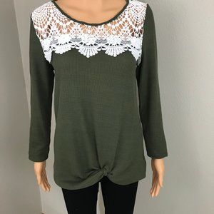 Lace trimmed long sleeve top with front tie